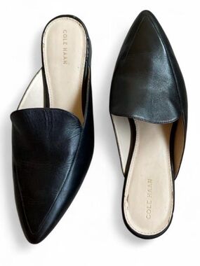 Cole Haan LEATHER Piper Mules | Black Pointed-Toe Slides SIZE 9 Loafers Heels